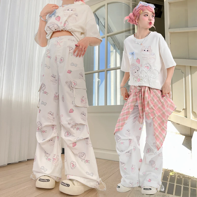 森女部落原创可爱猫咪印花工装裤休闲裤宽松长裤