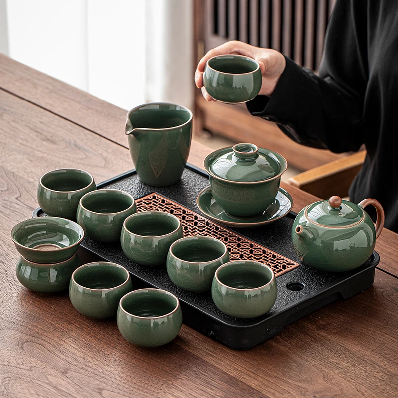 哥窑秘绿功夫茶具套装家用客厅办公室会客陶瓷泡茶壶茶杯茶盘整套