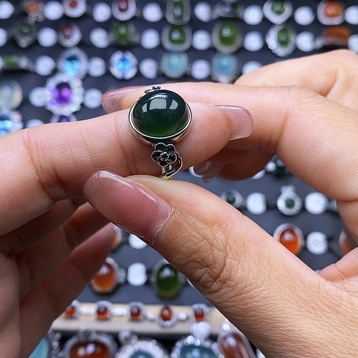 岫玉戒指银S925镶嵌加**奶