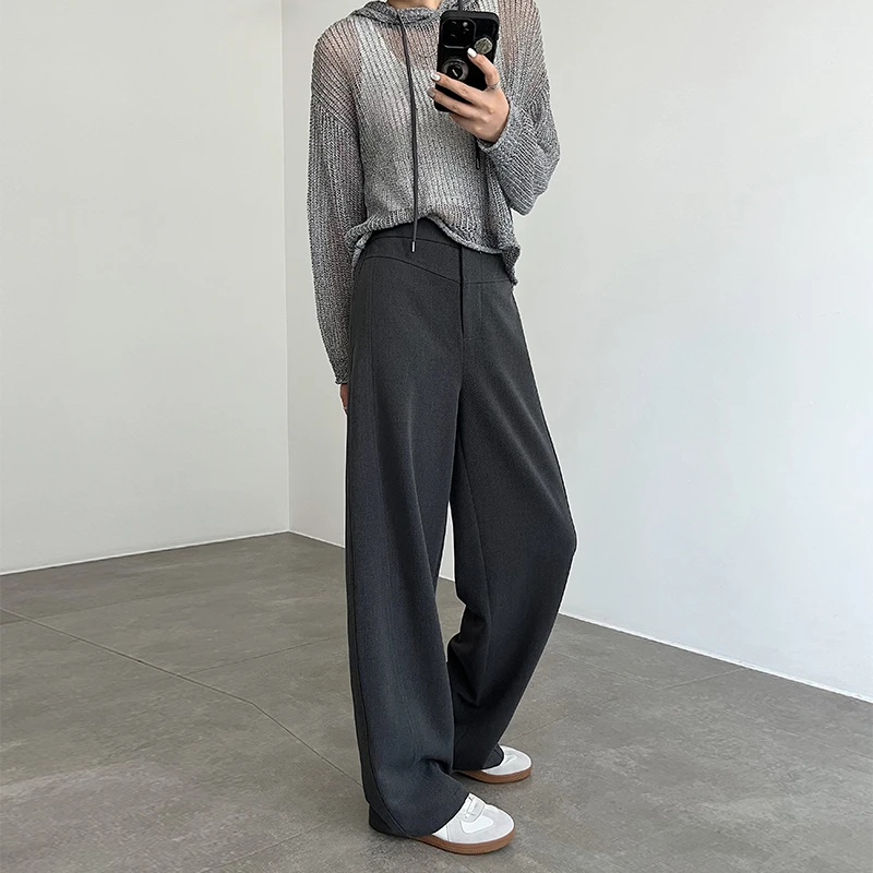 天丝羊毛阔腿裤女2025新款高腰垂坠感宽松休闲窄版灰色直筒西装裤