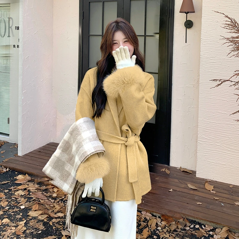 毛毛袖拼接双面妮子大衣女2025秋冬高级感小个子短款系带毛呢外套