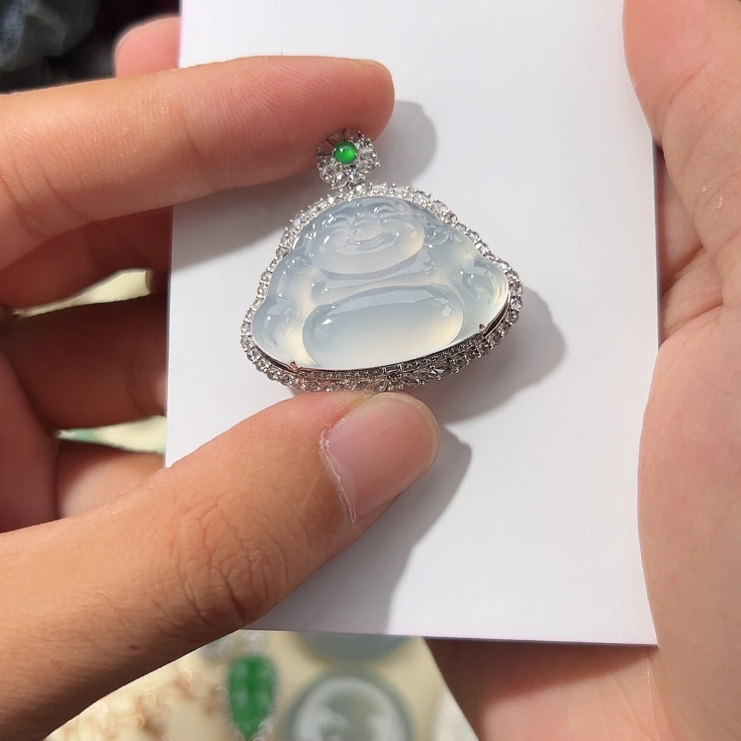 翡翠18K金镶嵌颈饰高冰茅台白厚装饱满佛公35-36-13