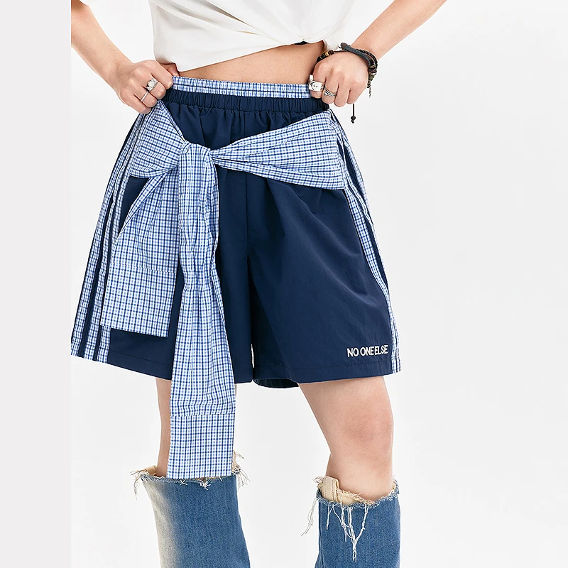 NO ONE ELSE美式复古女装夏季系带字母绣花短裤子格子拼接休闲裤