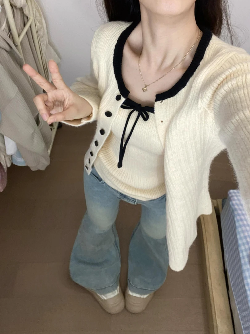韩系针织开衫配吊带女早秋季新款软糯毛衣外套外搭上衣氛围感穿搭
