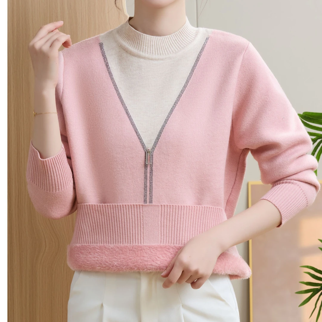 冬季新款时尚减龄中老年女装上衣洋气妈妈装假两件套头针织衫8891