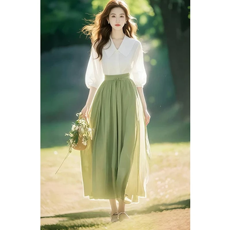 韩系爆款小香风高级感白色衬衫绿色半身裙两件套女2025春秋季套装