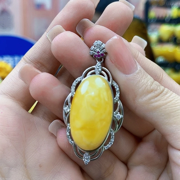 蜜蜡银S925镶嵌裸石吊坠