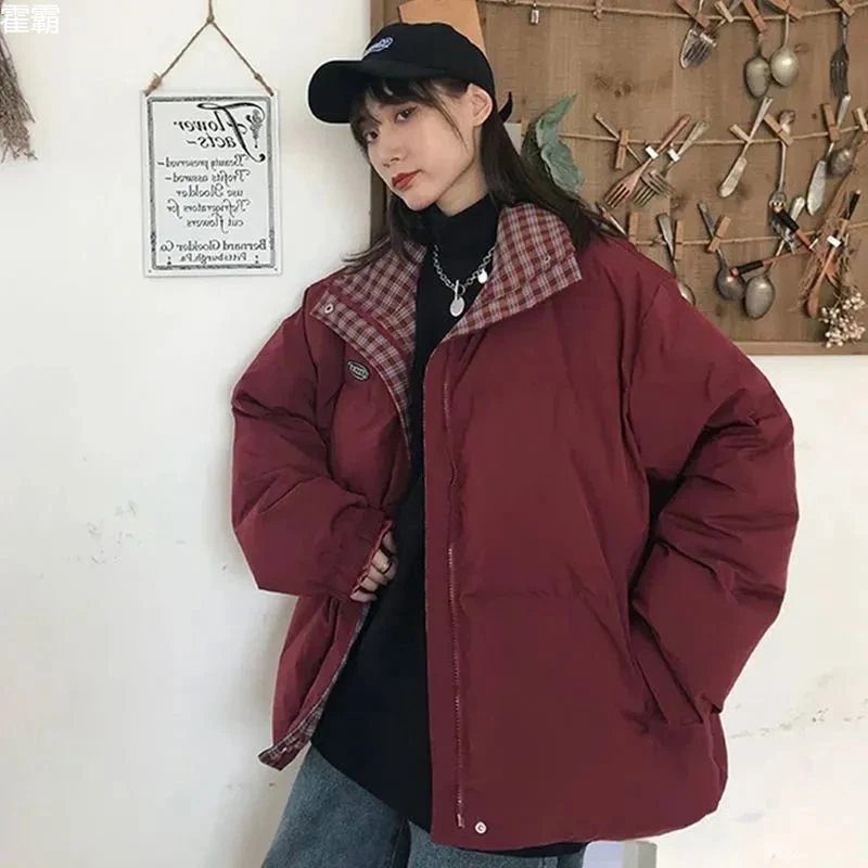 高端轻奢袄酒红色面包服新款外套韩版宽松女冬季加厚港风学生衣女
