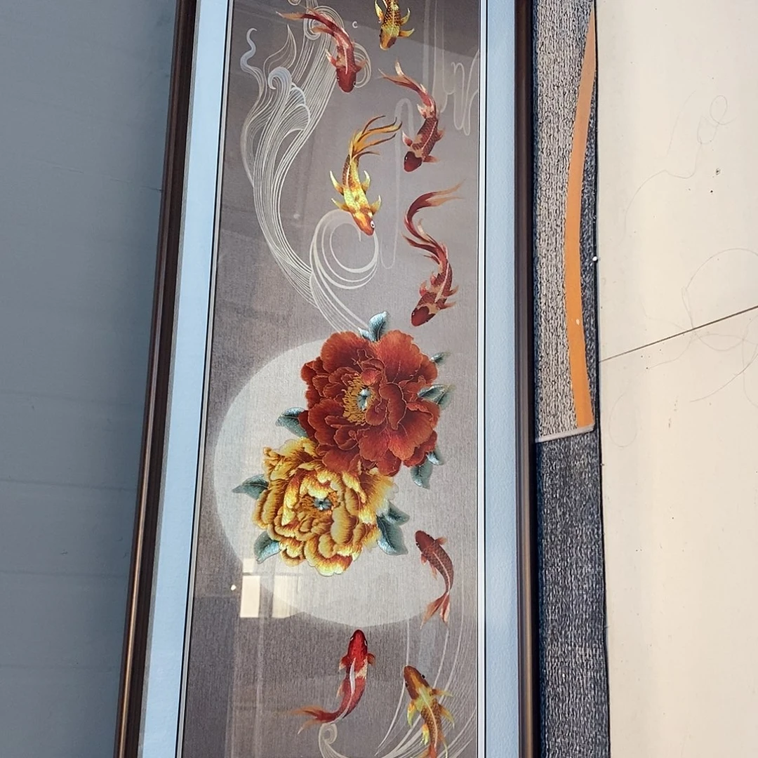 横款50/150 牡丹九鱼图实木电镀