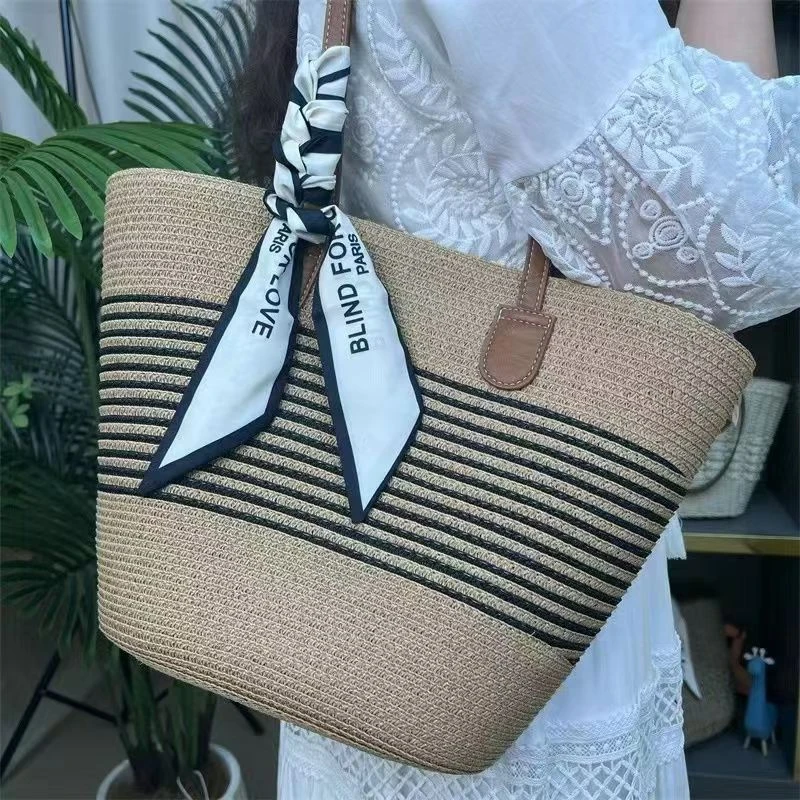 2025款条纹编织草编包单肩托特包大容量百搭沙滩休闲女士度假包