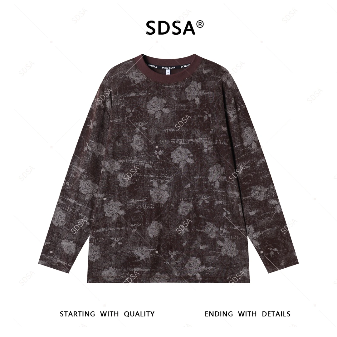 SDSA秋季新款男士痞帅美式玫瑰花印花圆领长袖T恤复古百搭时尚