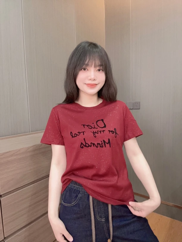 御妍婷植绒英文细闪短袖显瘦圆领正肩t恤女百搭弹力新款上衣6602
