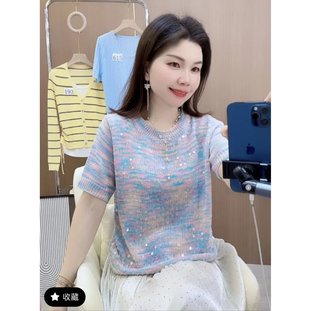 【600-999+编码】2025夏季短袖毛针织衫衬衫减龄洋气上衣