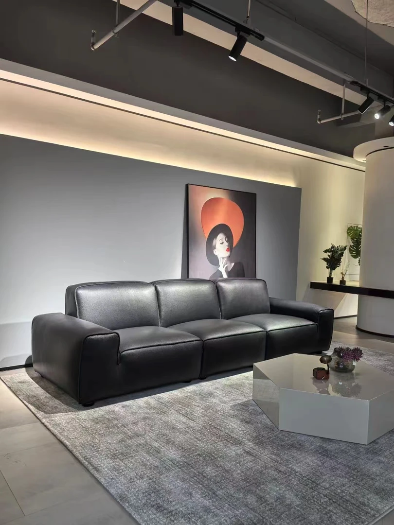 网红爆款意式极简大黑牛直排真皮沙发半青皮全皮真牛皮沙发