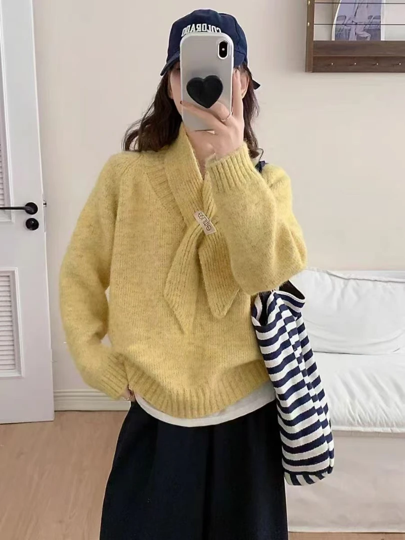 温柔风v领套头毛衣女冬季新款韩版宽松软糯保暖针织衫上衣带围脖
