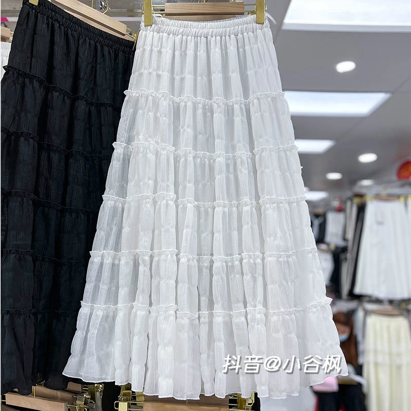 法式层层木耳边拼接半身裙女2025春夏高腰a字伞裙大摆长款蛋糕裙