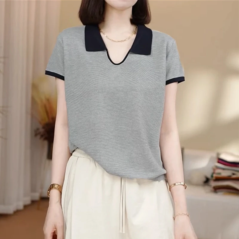 轻氧夏日~天丝莱赛尔正反针U型翻领小飞袖撞色针织短袖上衣