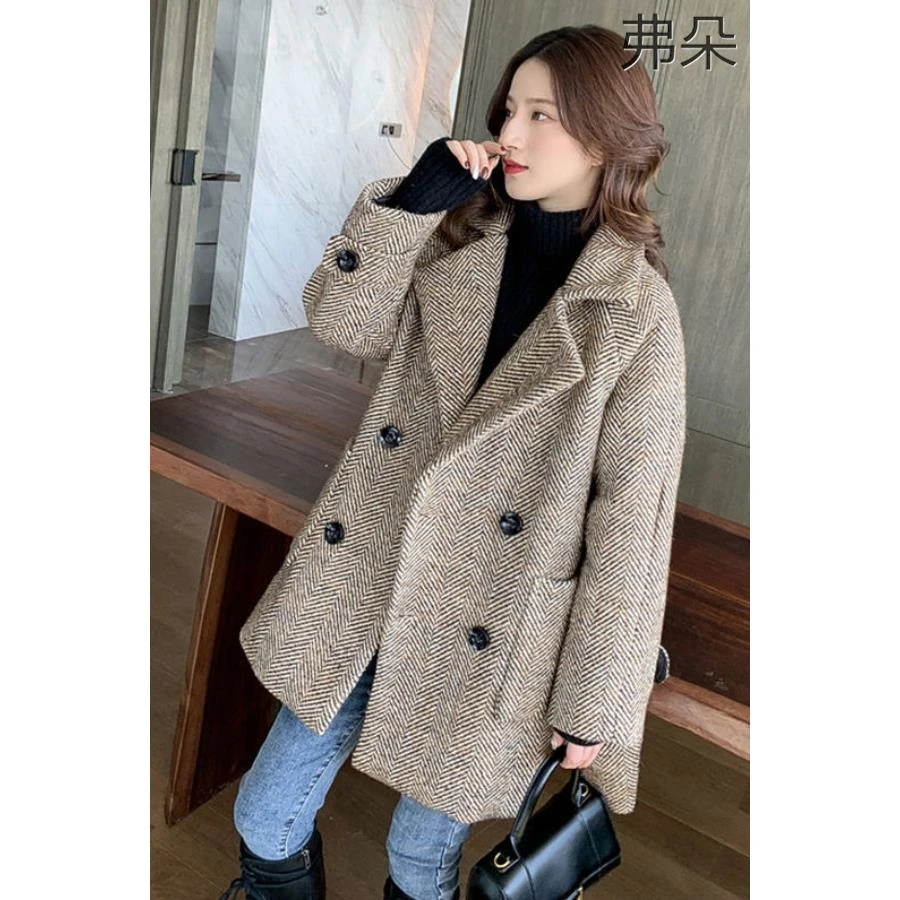 大码女装春秋遮肉显瘦格纹西装外套胖mm中长款气质加厚毛呢大衣潮
