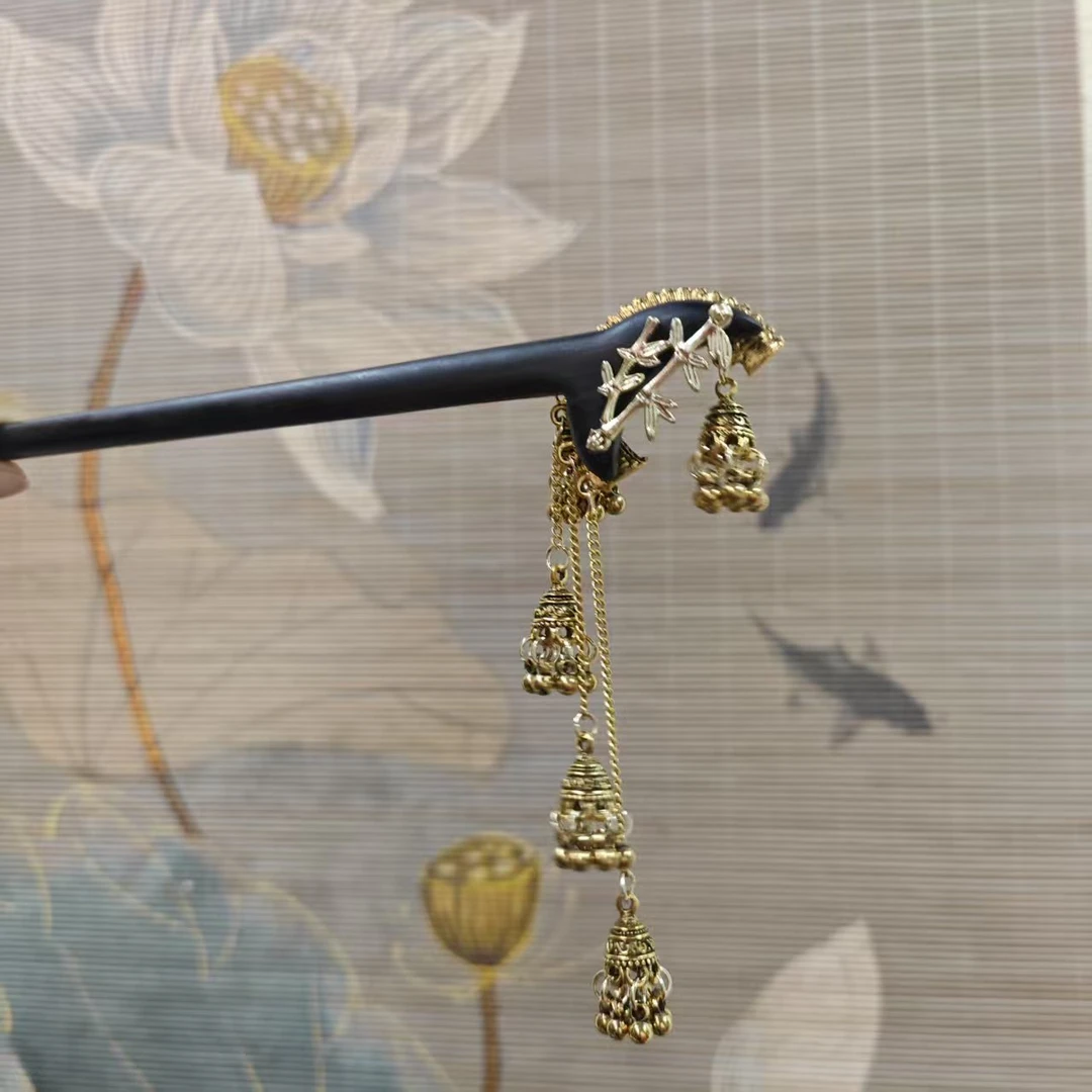 J500金色铃铛18公分发簪手工头饰发饰中式国风簪子百搭木发簪