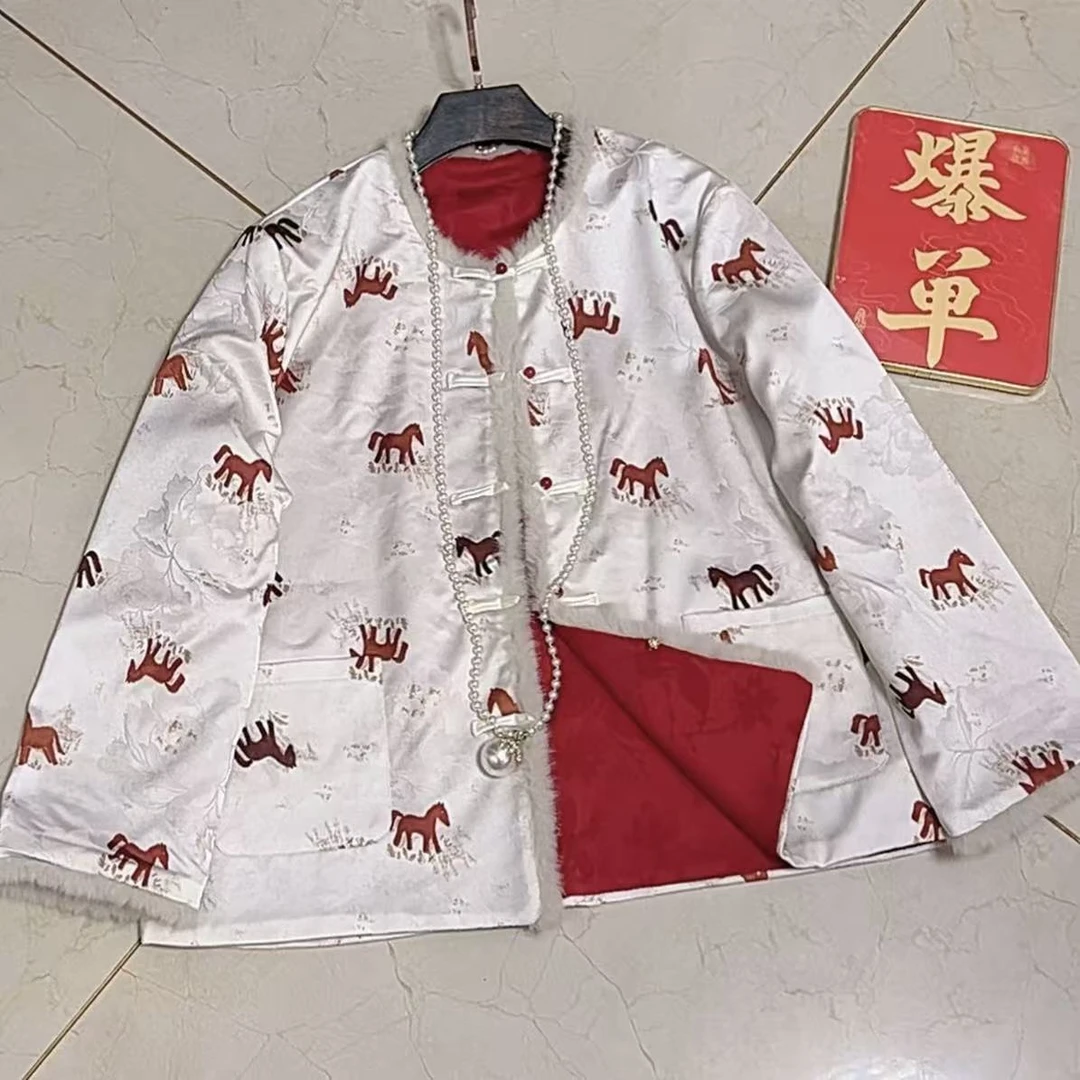 猫家YZM新中式国风秋冬款薄棉小马提花两面穿外套