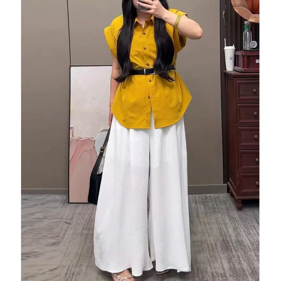 9519-2025年夏季新款时尚设计感衬衫上衣+阔腿裤