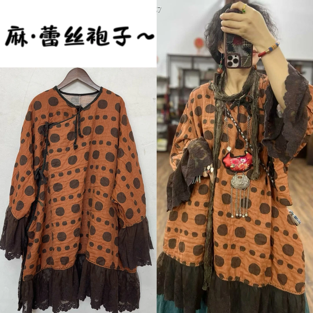 （麻·蕾丝袍子）手工缝线斜襟系带蕾丝花边拼接中长款衬衫