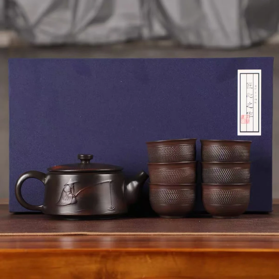 手工雕刻渔翁壶原矿紫陶汉瓦壶凤鸣壶配跳刀茶杯高端商务泡茶壶