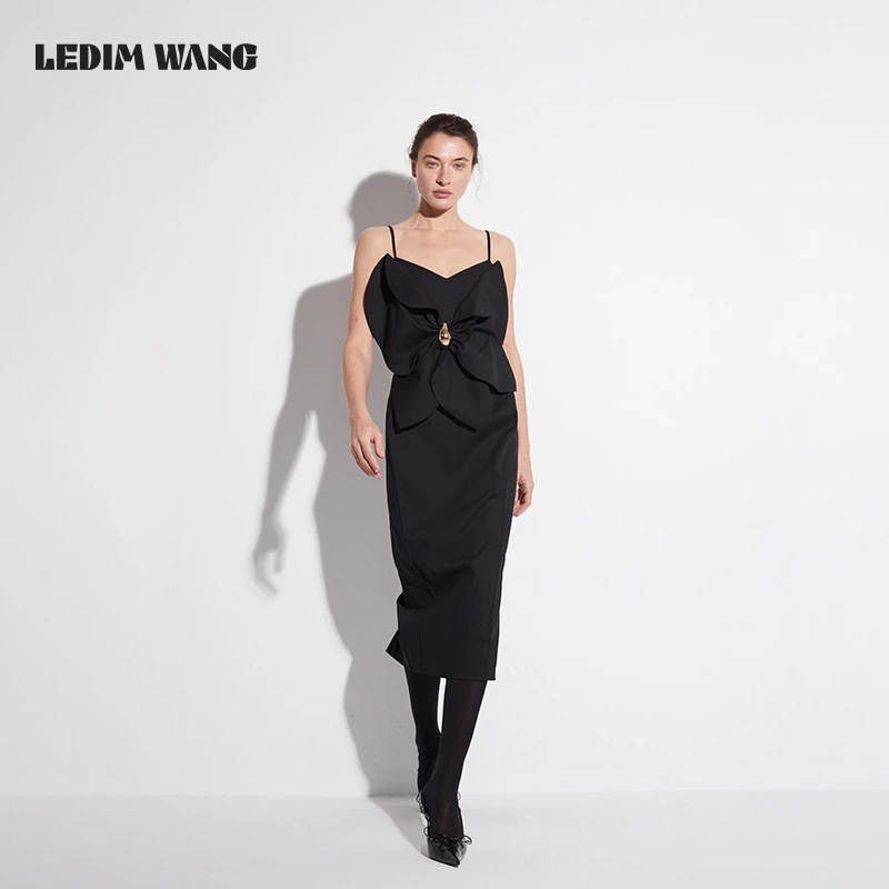 LEDIM WANG【黑标系列】立体花瓣连衣裙女夏2025新款黑色气质长裙