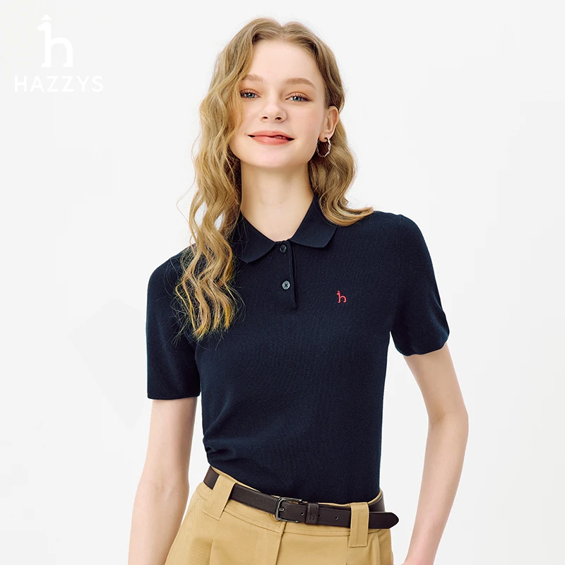 【商场同款】Hazzys哈吉斯夏季女士针织短袖Polo衫休闲纯色短袖T恤