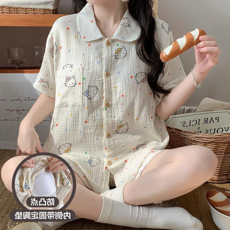 运补4-6双层纱睡衣女2025夏季新款双短带胸垫印花开衫家居服套装