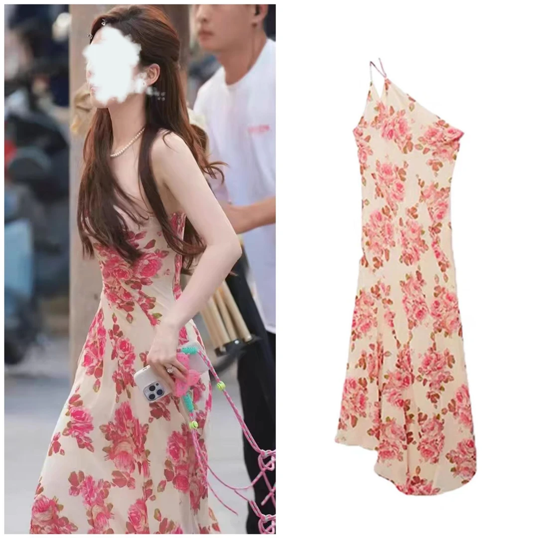 许我耀眼赵露思许妍同款衣服无袖斜领连衣裙女露肩不规则裙子长裙