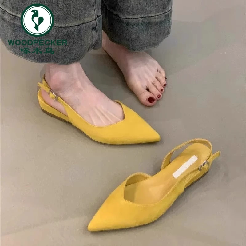 啄木鸟韩系包头凉单鞋女多巴胺风简约尖头不累脚夏天配裙子凉鞋