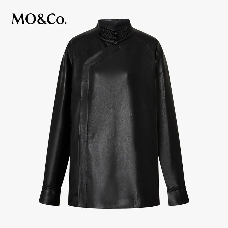 【诗语专属】MOCO外套立领盘扣斜襟轻摇滚素皮撞色翻袖MBE1COT015