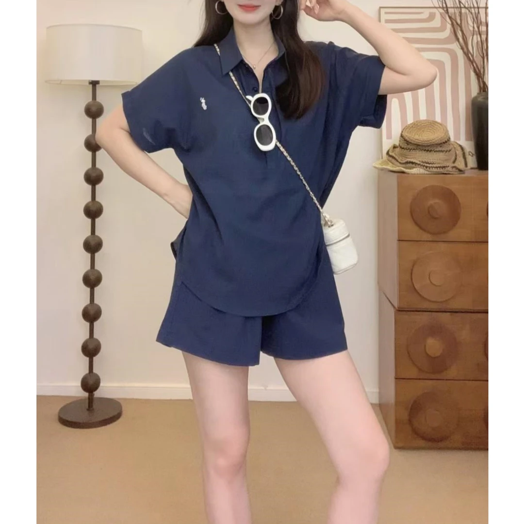 老钱风薄款套装女刺绣宽松显瘦时尚百搭翻领短袖POLO领上衣+短裤