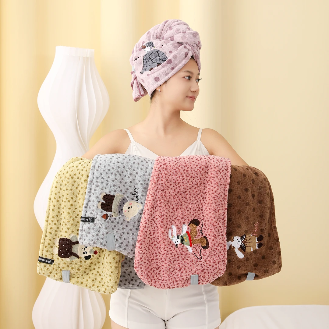 新款法式干发帽卡通刺绣加大宽尾绑带速干吸水柔软护发干发帽