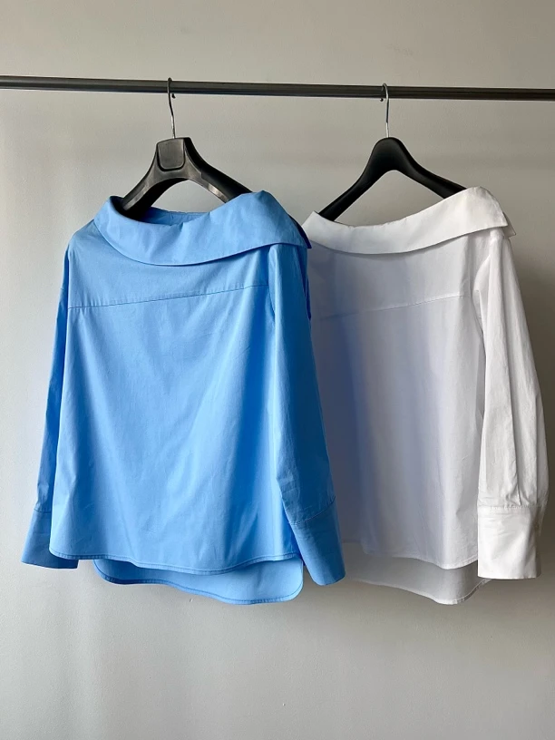 （法式斜肩设计上衣）新款气质百搭不规则设计衬衫时尚