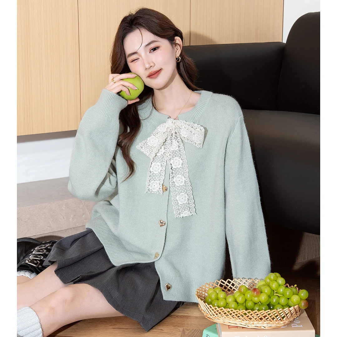 TONLION唐狮蕾丝系带蝴蝶结设计圆领开衫时尚宽松上衣百搭甜美潮