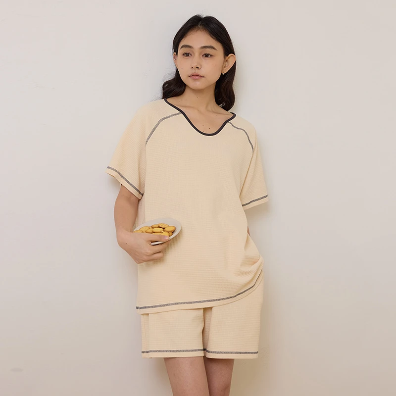 【华夫格】美家臣睡衣女夏季新款新疆棉短袖可外穿格纹家居服套装