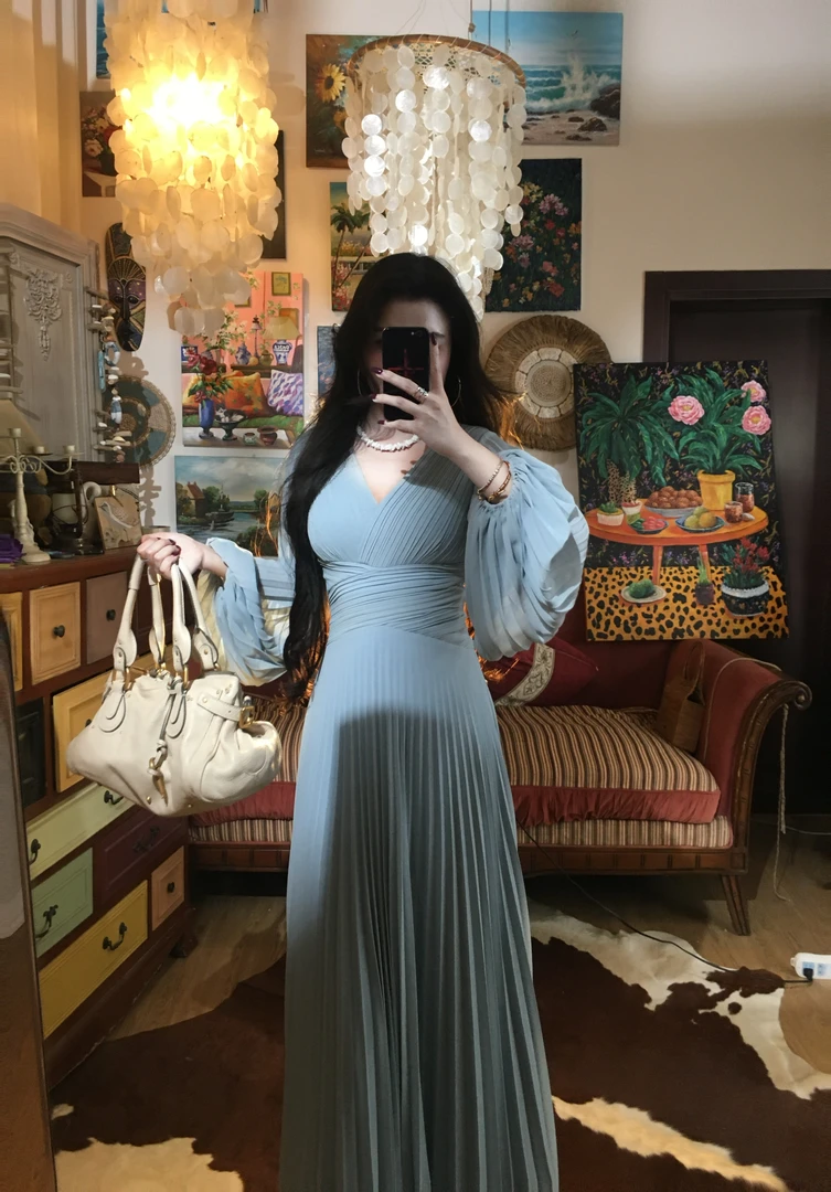 《手风琴》2025春夏款法式复古蓝色高定压褶大摆连衣裙长裙M26