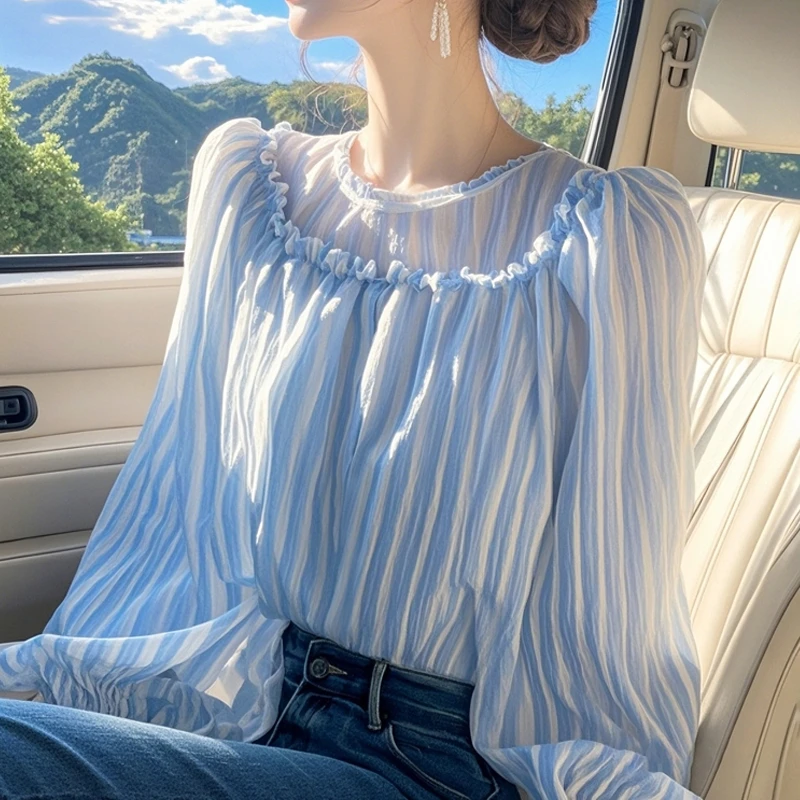 法式蓝色竖条纹衬衫上衣女春季显瘦宽松高级感减龄洋气超好看小衫