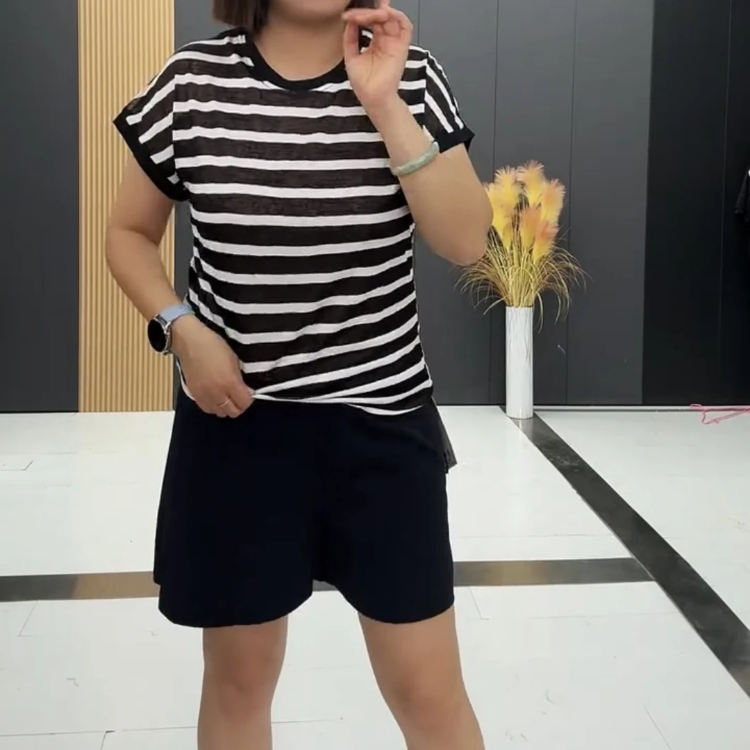 鑫家2332夏季新款大码条纹短袖上衣露背蕾丝拼接宽松