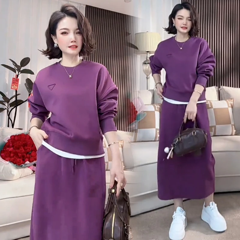 高含棉时尚休闲套装女2025年春秋新款小个子圆领卫衣半身裙两件套