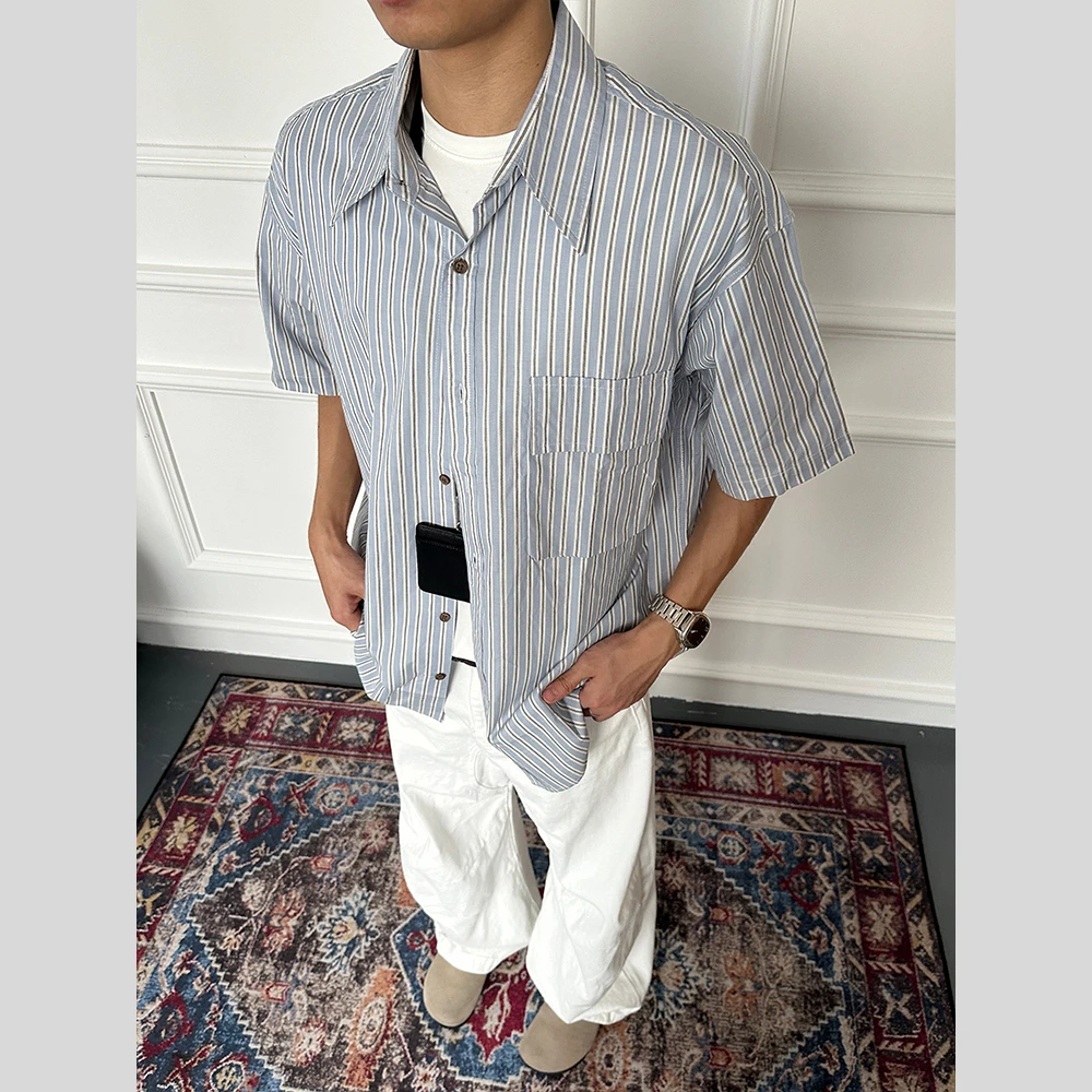 新款夏季老钱风格竖条纹衬衫男短袖翻领学院风高级设计感
