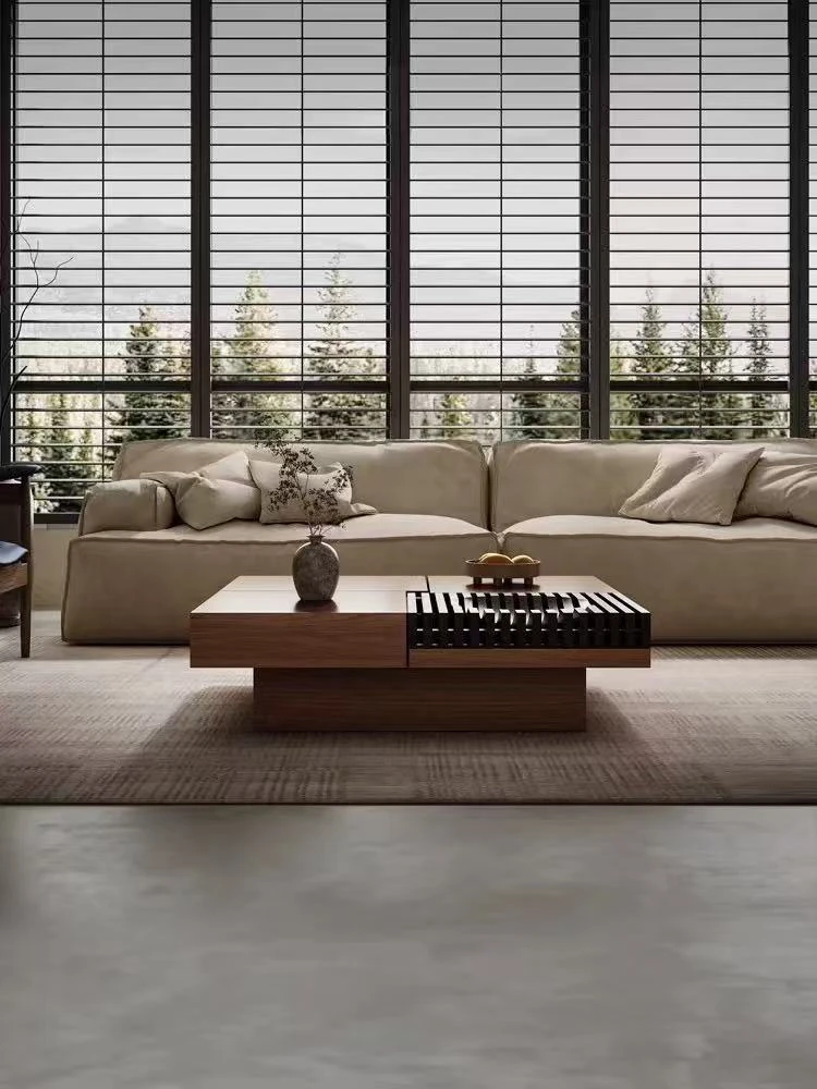 意式复古风北美黑胡桃实木茶几客厅可储物正方形中古风小户型茶几