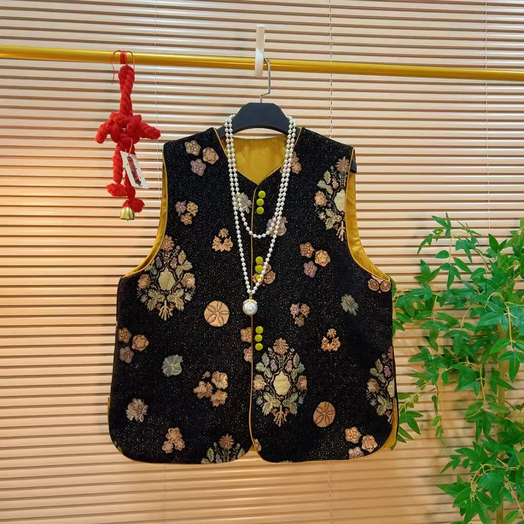 文艺复古时髦提花百搭马甲女胖YY2025秋季新款新中式国风坎肩上衣