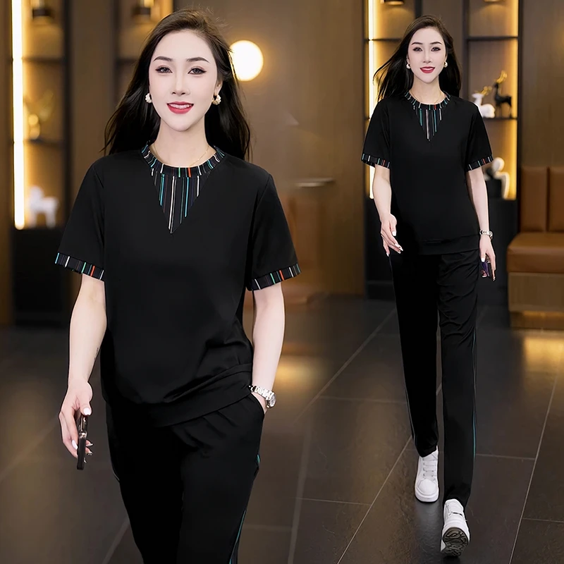 2025夏季时尚新款运动套装夏季宽松显瘦洋气短袖凉爽减龄休闲套装