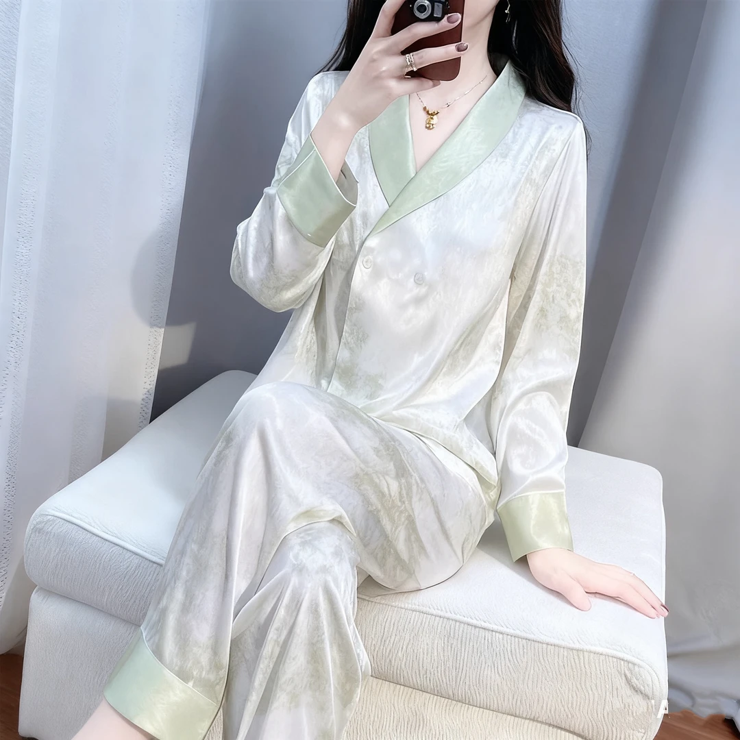 tpv1高级感新中式V领2025新款睡衣女士春秋季冰丝凉感家居服套装