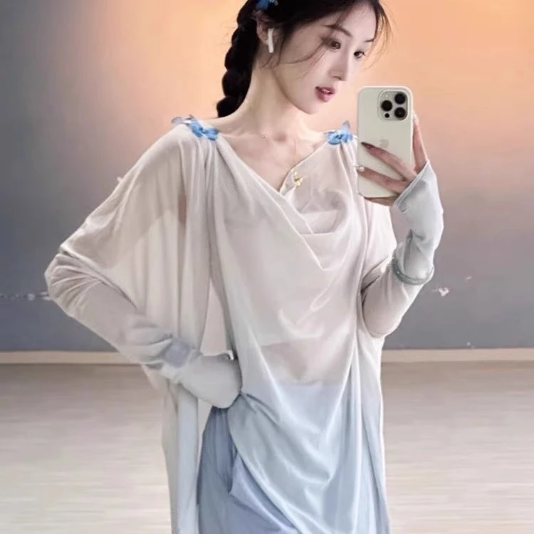 新款古典舞蝴蝶喇叭袖纱衣练功服中国舞民族舞蹈服宽松透气薄款