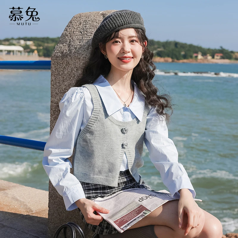 【粉丝专属】TU20768法式针织马甲长袖衬衫两件套叠穿背心上衣套装