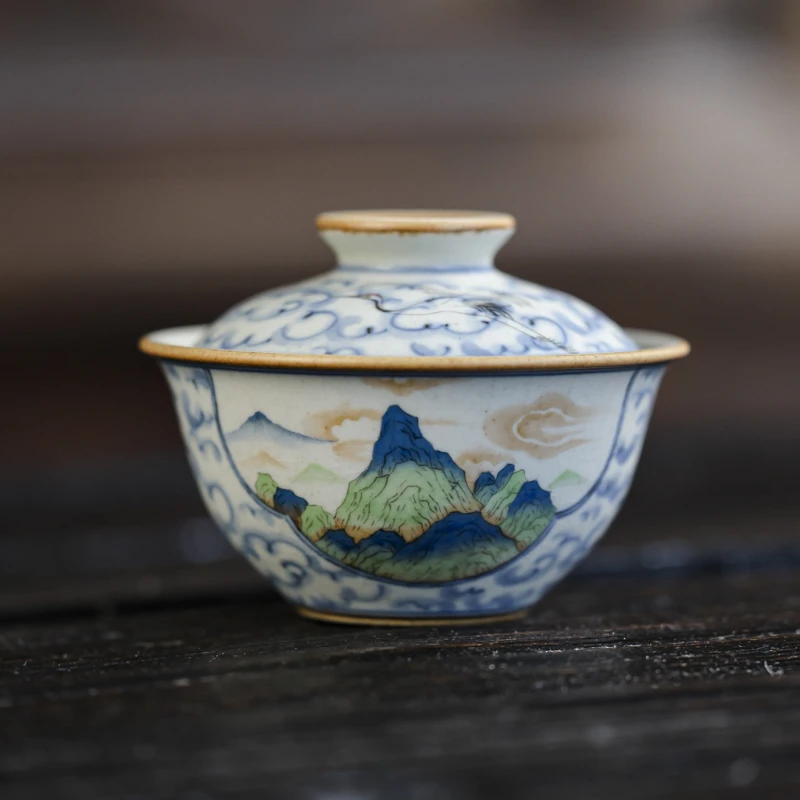 斋居 仙鹤青山祥云元宝盖碗-100ML（朴碗0206）